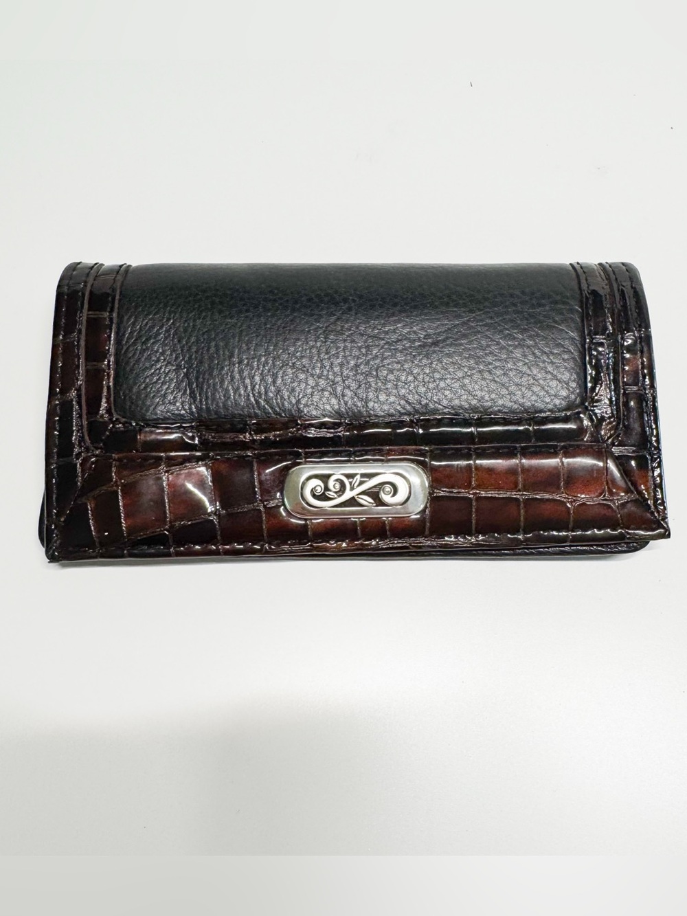 Brighton Black Brown Croc Leather Checkbook Cover Cardholder Bill Fold 7x4